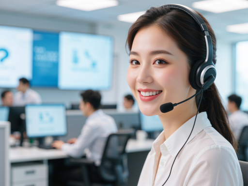 客服中心工作场景,多名客服人员佩戴耳机坐在工位上接听电话,背景整洁有序,体现专业客户服务团队的工作状态