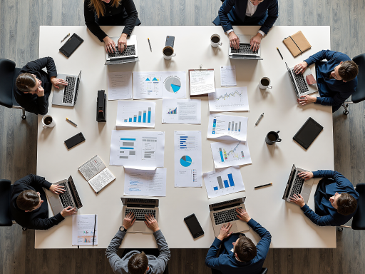 电商运营团队工作场景,多名专业人员围坐在会议桌前讨论数据分析报告,桌上摆放笔记本电脑和相关资料,体现专业运营团队协作氛围